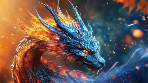 Fiery blue dragon curls gracefully in glowing evening light