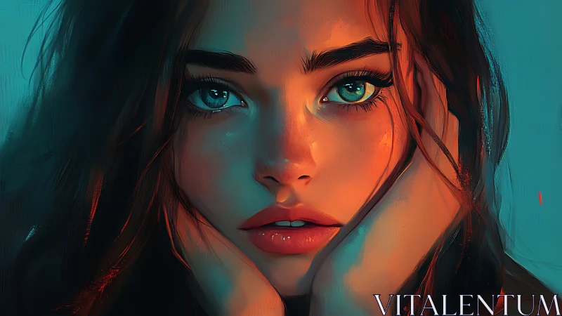 Dreamlit portrait of woman in teal and ember light focus.