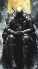 Hooded dark knight seated on throne under molten light.