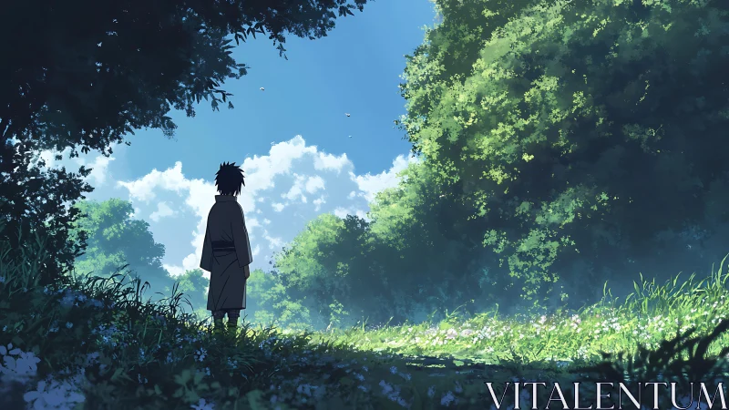 Quiet wanderer pausing beneath summer-breathing trees.