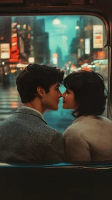 Moonlit Romance Through Rainy Glass in Neon City.