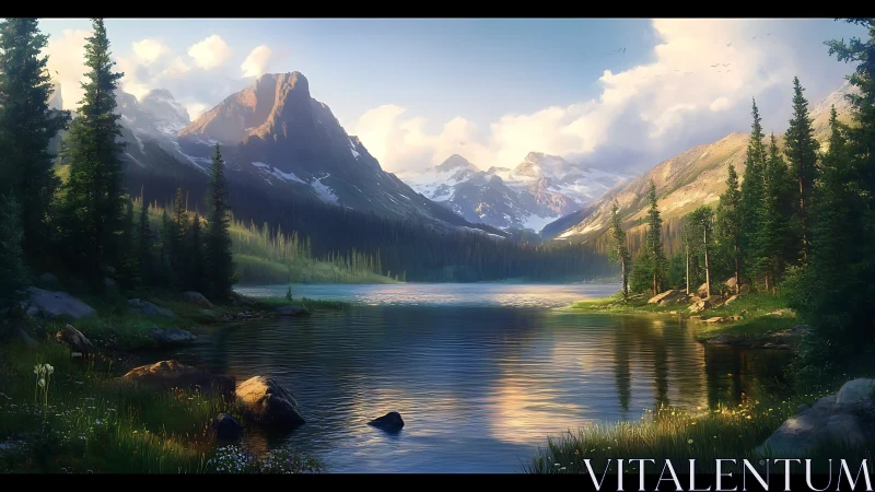 Serene alpine lake mirrors sunlit peaks in tranquil dawn glow