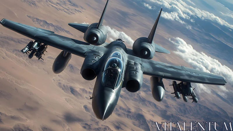 Forward aspect tactical jet with dual pod engines over desert.