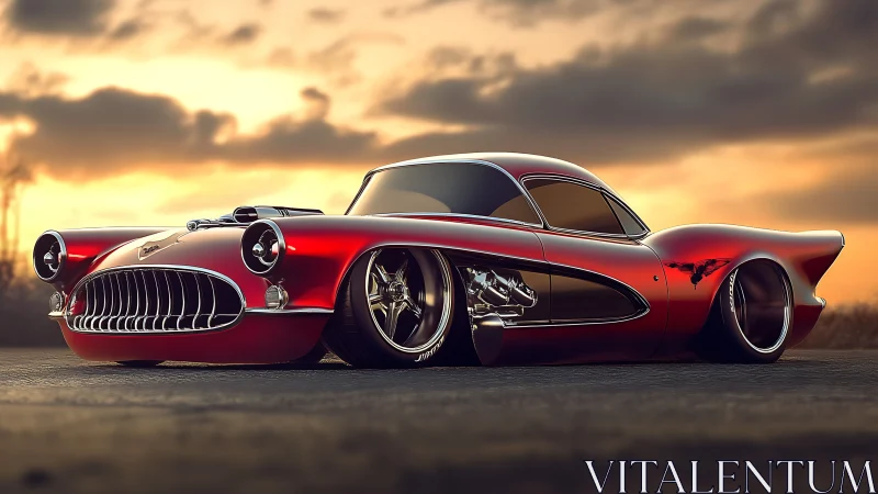 Photorealistic lowrider hot rod coupe at cinematic sunset.