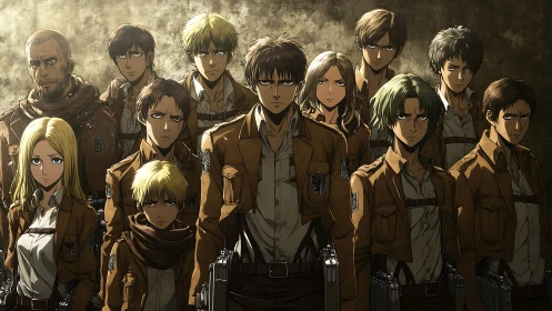 Militarized anime squad in brown uniforms under harsh lighting