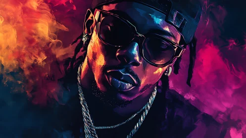 Neon-lit hip-hop portrait in high-contrast digital painting style.