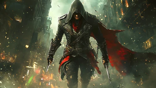 Hooded gunfighter in tattered red cloak strides through burning alley