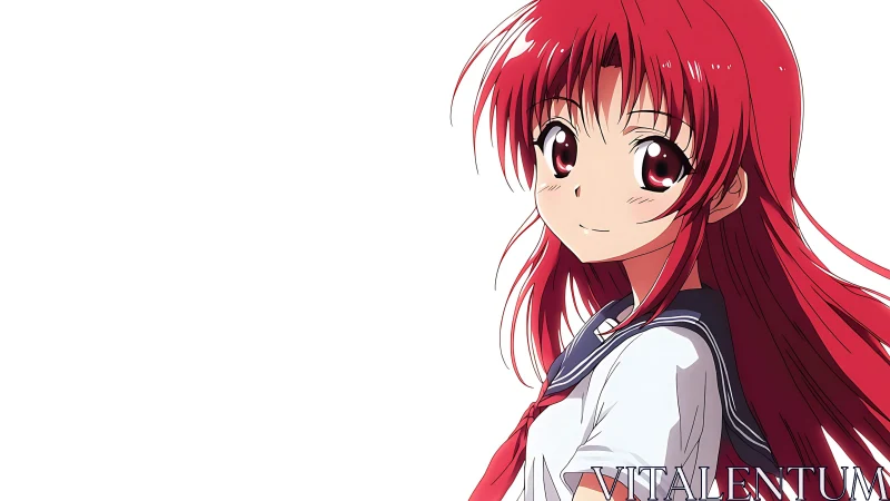 Red haired anime schoolgirl portrait on white background.
