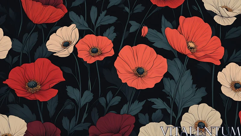 Red and Cream Poppies Against Dark Background with Foliage.