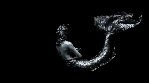 Monochrome mermaid figure rendered against uniform black