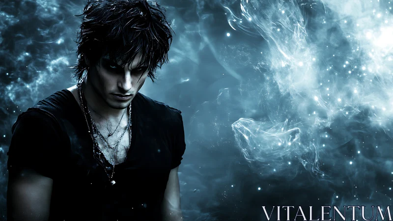 Dark haired figure before abstract blue cosmic energy field.