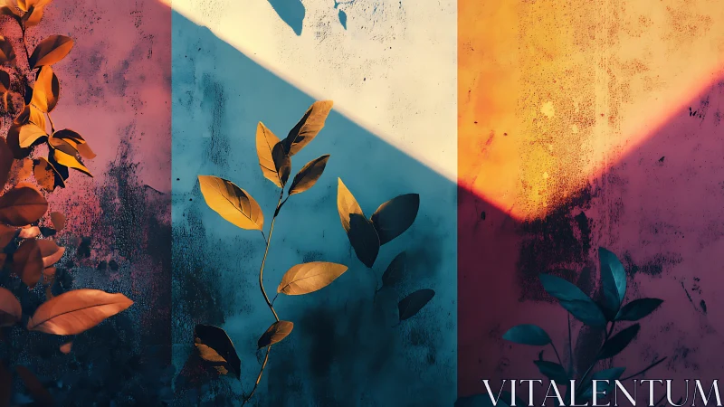 Color-block wall with climbing leaves and angled sunlight.