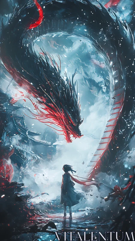 Lone figure confronting a fiery spectral dragon swirl.