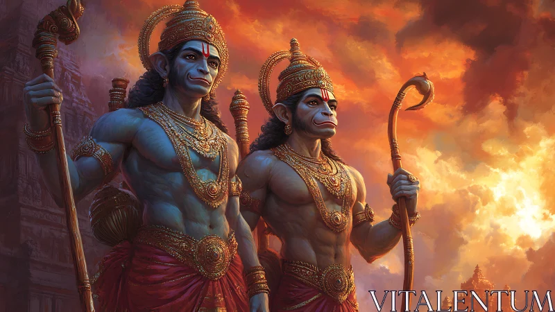 Hanuman and companion warriors under dramatic sky.