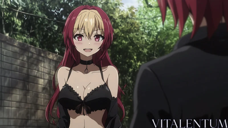 Streetside encounter with red-haired anime girl in black top.