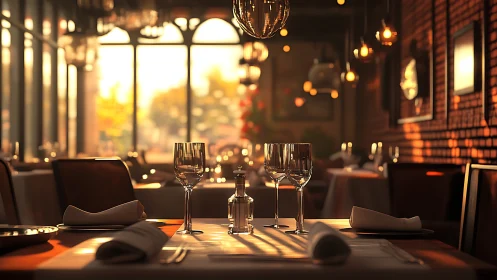 Formal restaurant table setting under warm evening lighting.