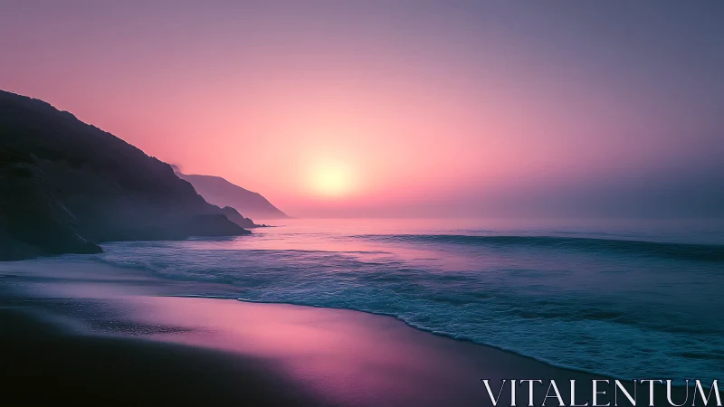 Coastal shoreline with low sun over calm reflective water.