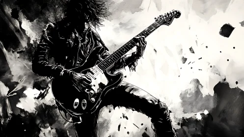 Silhouetted guitarist holds electric guitar amid ink splashes