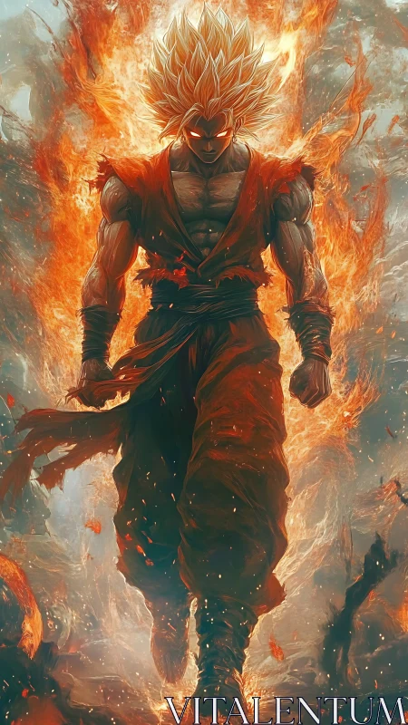 Male fighter walks forward through stylized vertical flames