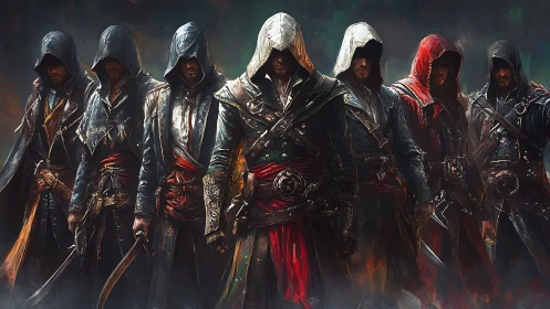 Hooded warriors stand united in a dramatic heroic lineup.