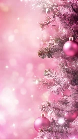 Pink Christmas tree branches with frosted ornaments.