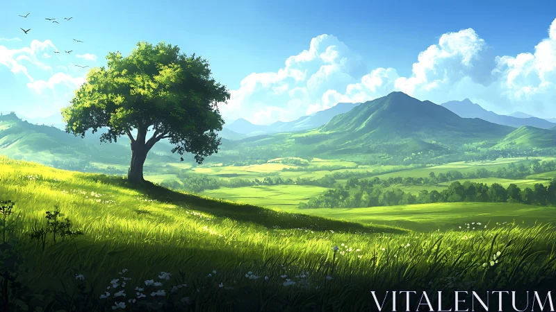 Sunlit solitary tree anchors panoramic valley environment