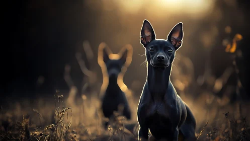 Black dog in sharp focus against blurred field background.