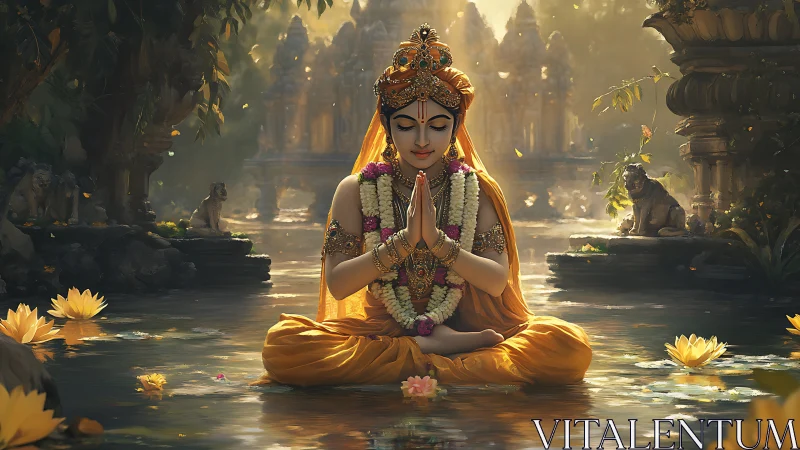Divine yogic figure in lotus pond under golden temple light.