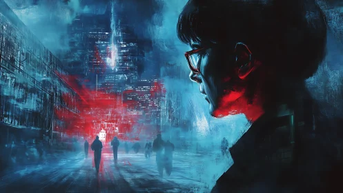 Solitary thinker studies neon city crowd in cold night