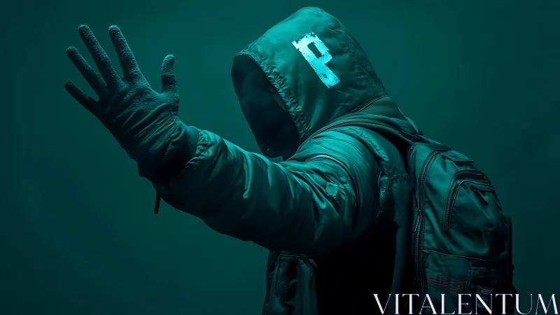 Hooded figure in teal jacket raising gloved hand in shadow.