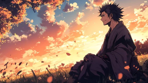 Samurai meditates under blazing autumn sunset sky.