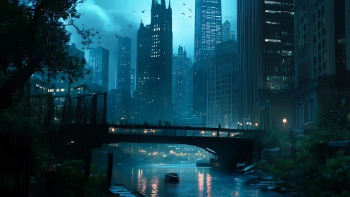 Moody cyberpunk river city with bridge and skyline at dusk.