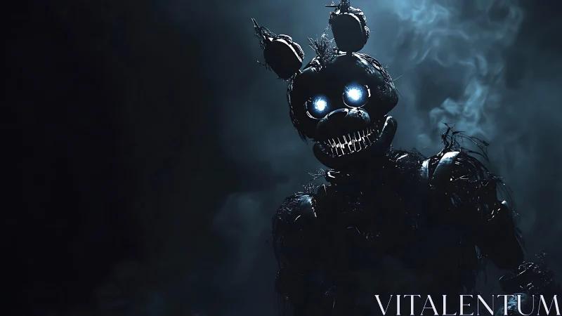 Backlit animatronic silhouette reveals fractured chassis and glare