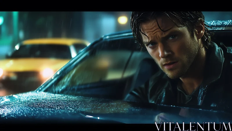 Moody driver in rain-soaked city street, cinematic portrait.