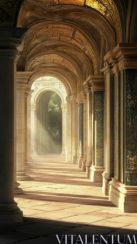Golden sunlit arcade captures tranquil regal grandeur