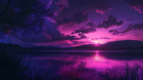 Twilight paints the lake in electric violets and quiet fire