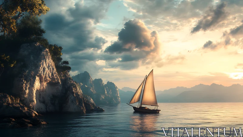 Sailboat passing rocky coast under soft sunset light.