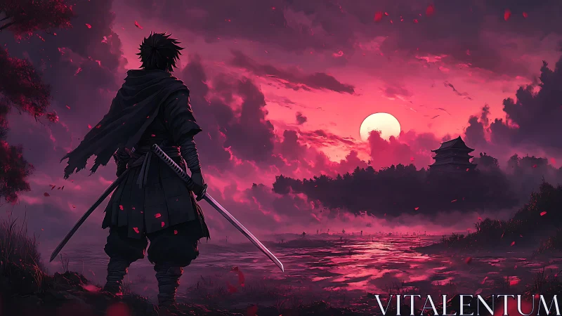Lone samurai observes crimson sunset over distant fortress