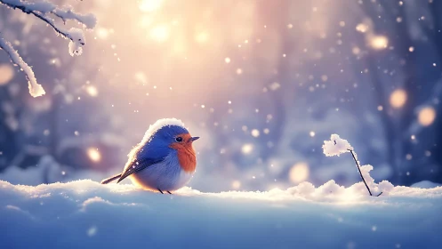 Vibrant robin resting on snowy branch in soft winter sunlight.