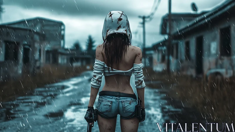 Woman stands armed in rainy deserted street environment