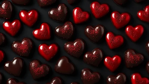 Rendered Heart-Shaped Objects with Metallic Surface Finish and Prismatic Red Glitter Coating