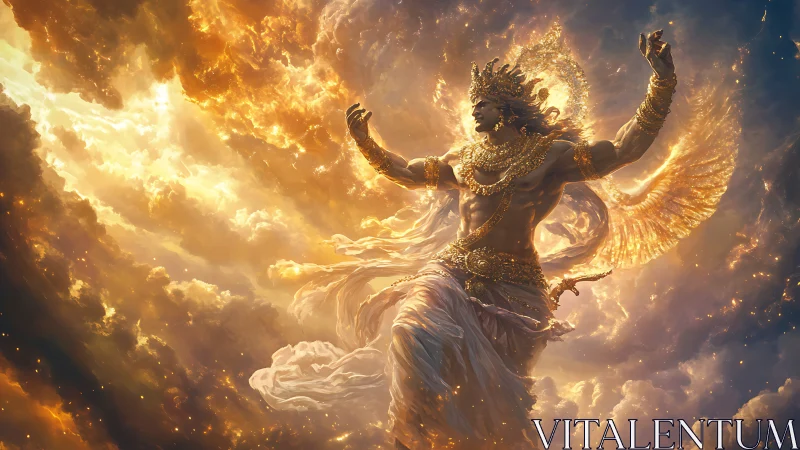 Sun-forged sky deity swirling through molten dawn clouds.