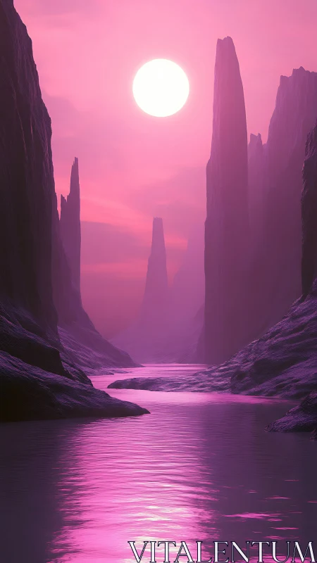 Pink alien canyon with tall rock spires and river under sun.