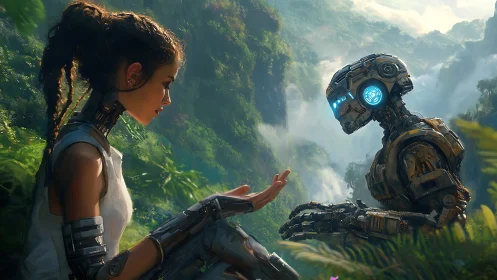 Cyborg girl and robot share quiet connection in jungle