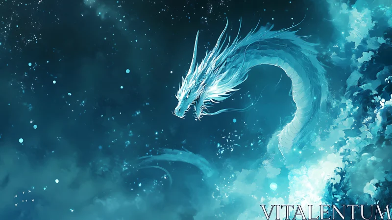 Celestial ice dragon coiling through luminous nebula skies.