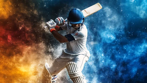 Cricketer powering a bold shot through swirling color clouds.