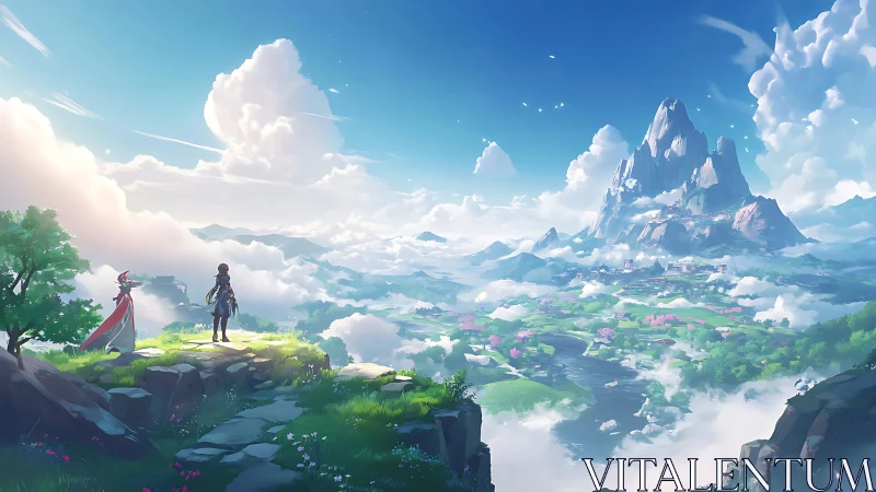 Two skybound travelers weigh a valley of clouds and peaks