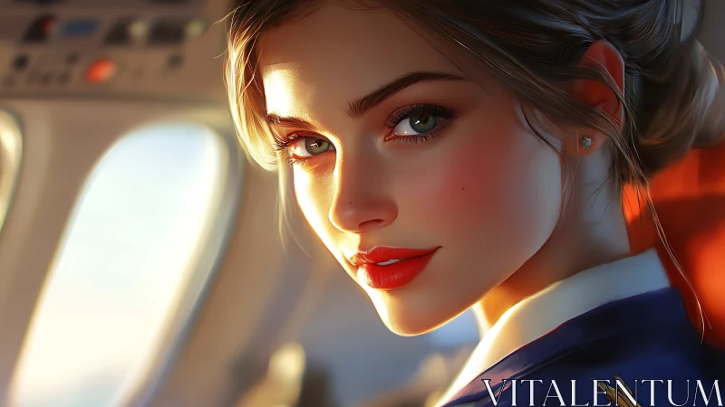 Warm cabin light on a smiling flight companion.