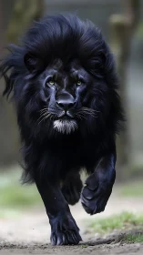 Black-maned lion moves forward on a shallow depth path