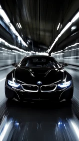 Midnight black sports coupe surges through tunnel light trails.